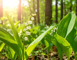 Fototapeta premium Sunny shot of a cluster of small white bell-shaped blooms in a forest setting, with vibrant green foliage and natural lighting