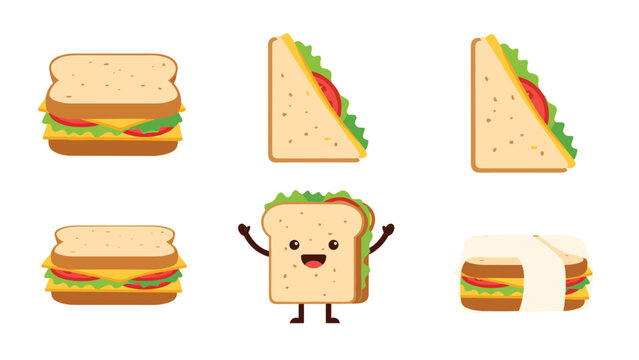 Variety of fresh sandwiches including toast and triangles with a cute character mascot for a fun lunchtime theme.