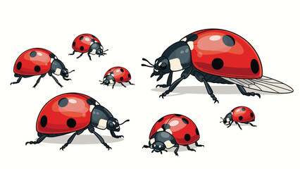 Fototapeta premium Group of ladybugs in various sizes and orientations representing beneficial insects for garden and nature education.