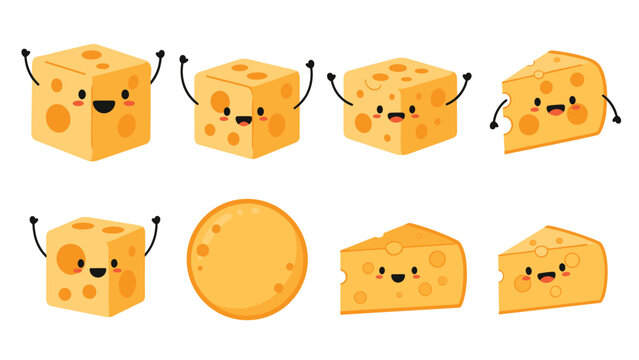 Cheerful cartoon cheese characters in various shapes such as cubes, slices, and rounds showing happy facial expressions.