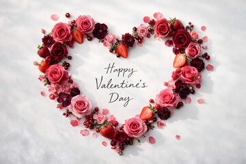 Obraz premium Valentines day heart shape flowers arrangement with happy valentines day message