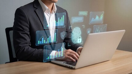 Professional person using laptop with glowing holographic data charts and biometric security icons in a modern office setup