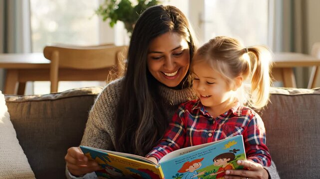 Woman and child reading book together
