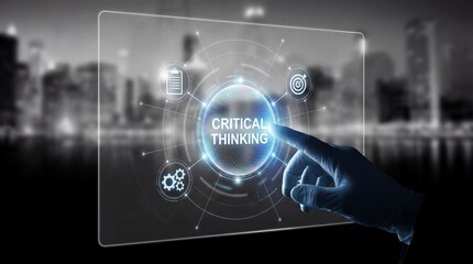A gloved hand touches a glowing Critical Thinking virtual screen surrounded by analytical icons in a futuristic urban setting at night