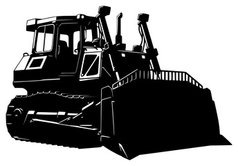 a black and white drawing of a bulldozer, black, bulldozer, drawing, tractor, against transparent background © Guli Studio