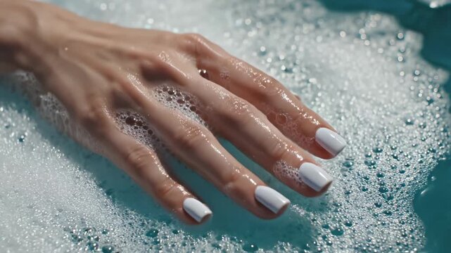 Hand with white nails in soapy water