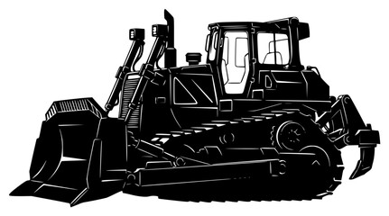 a black and white illustration of a bulldozer, black, bulldozer, illustration, silhouette, tractor, against transparent background © Guli Studio