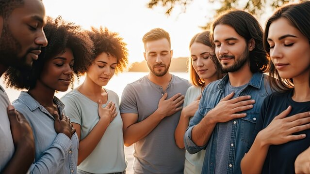 Diverse group of people standing together in unity and prayer outdoors