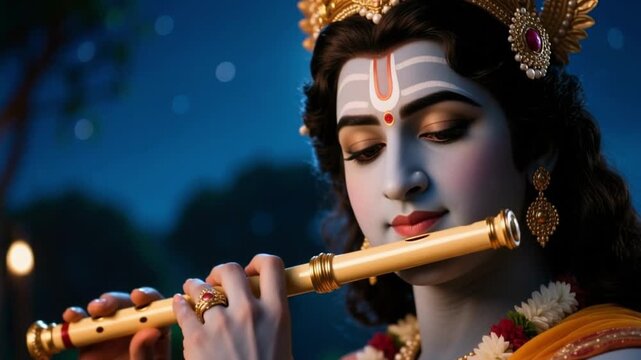 Romantic close up face of Lord Krishna playing flute with emotion, isolated against a moonlit Vrindavan background, spiritual hindu divinity slow motion 4K video.