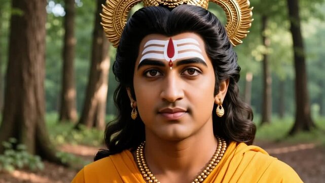 Noble close up face of Lord Ram with calm eyes and divine peace, isolated against a forest Ayodhya background, hindu deity righteousness slow motion 4K video.