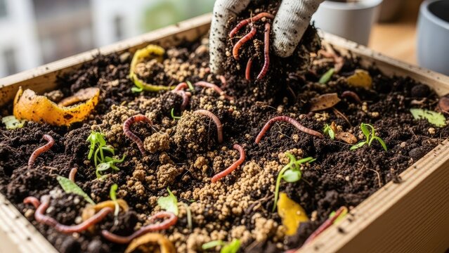 Vermicomposting with worms in a wooden bin