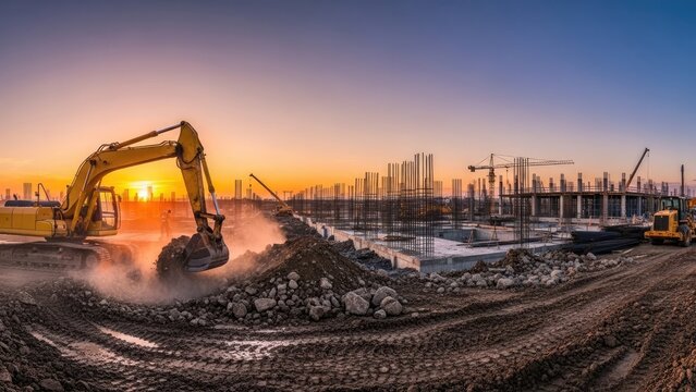 Construction site with excavator at sunset, building foundation underway