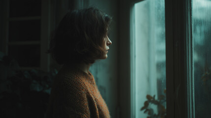 Thoughtful young woman looking through rainy window creating calm and reflective mood at home