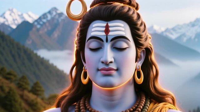 Meditative close up face of Lord Shiva with spiritual aura and calm, isolated against Himalaya mountains mist background, hindu god slow motion 4K video footage.