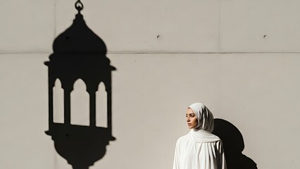 Elegant Muslim woman in a white dress and hijab standing next to a large shadow of a Ramadan lantern on a concrete wall.