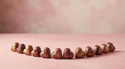 Valentine minimal premium background with copy space Heart-Shaped Chocolate Treats Arranged Elegantly on Pink Surface Valentine elegant commercial design for branding