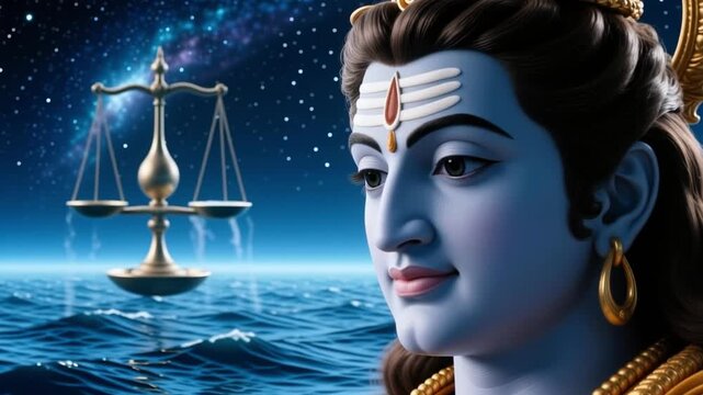 Tranquil close up face of Lord Vishnu with divine features, isolated against a cosmic ocean background, spiritual hindu mythology slow motion 4K video footage.