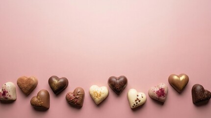 Valentine minimal premium background with copy space Assorted Heart-Shaped Chocolates on a Pink Background Valentine elegant commercial design for branding
