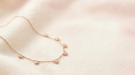Valentine minimal premium background with copy space Elegant Rose Gold Heart Necklace with Sparkling Diamonds on Fabric Valentine elegant commercial design for branding