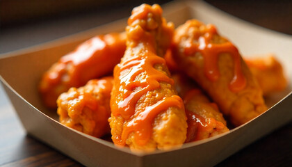 Golden Fried Chicken Wings With Spicy Sauce In A Takeout Box, Crunchy And Juicy Delicious.