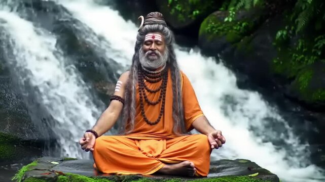 Hindu Sadhu meditating by waterfall.