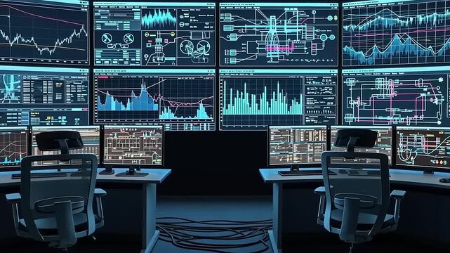 Data center security monitoring room with multiple computer screens displaying information.