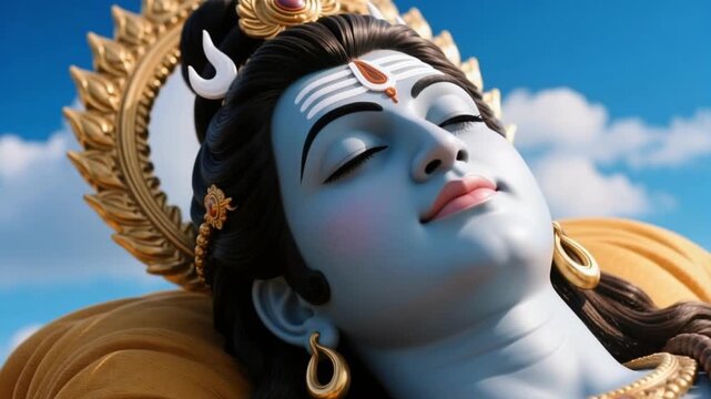 Eternal close up face of Lord Vishnu resting with calm balance, isolated against a celestial sky background, hindu preserver deity slow motion 4K video footage.