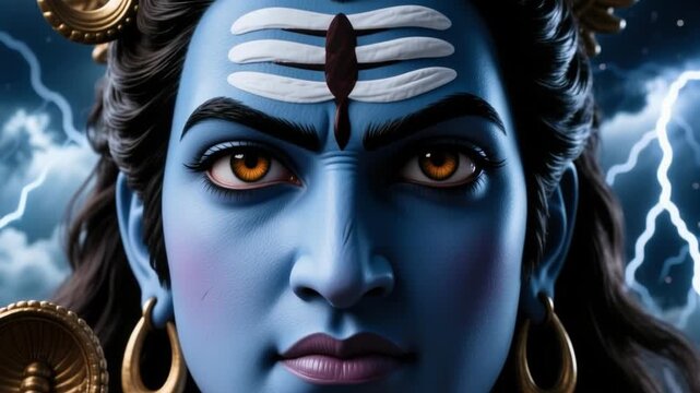 Intense close up face of Lord Shiva in Rudra form with cosmic force, isolated against storm clouds background, fierce hindu deity slow motion 4K video footage.