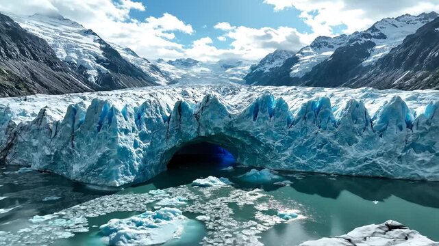 Glacier with ice cave and floating ice