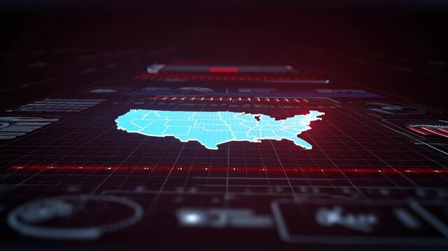 cinematic futuristic command center, glowing 3D digital map United States floating space, high-tech cyber surveillance interface, neon blue red data lines flowing states, AI threat detection nodes