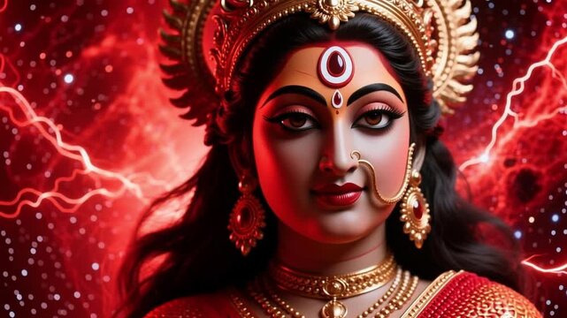 Fierce close up face of Goddess Kali exhibiting protective power and primal energy, isolated on a red cosmic background, spiritual hindu mythology slow motion 4K.