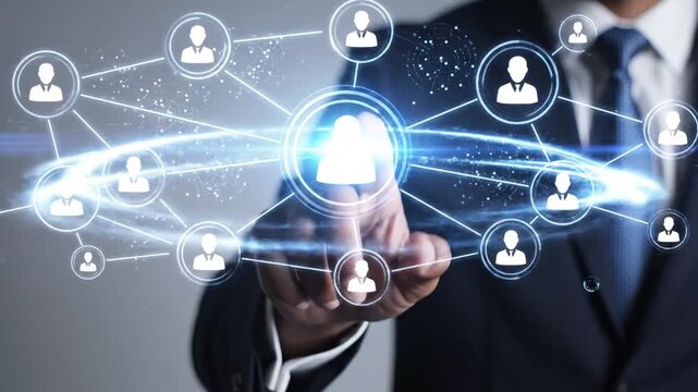 A professional interacts with a virtual network of people icons with a glowing connection hub