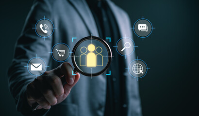 Customer analytics concept, magnifying glass highlighting target audience icons, representing user segmentation, CRM strategy, marketing analysis, data-driven insights, digital customer management.