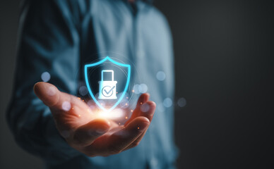 Conceptual cybersecurity protection showing a glowing shield and verified padlock hovering above an open hand, symbolizing data safety, digital trust, privacy, encryption, secure online technology.