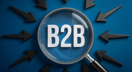 B2B text surrounded by arrows pointing inward, symbolizing business-to-business relationships, corporate networking, enterprise sales, professional partnerships, digital marketing strategy, and modern