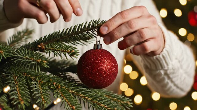 Person decorating Christmas tree with red ornament