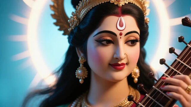 Artistic close up face of Goddess Saraswati with grace and creative purity, isolated against a veena aura background, hindu deity of knowledge slow motion 4K video.