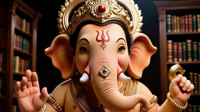 Wise close up face of Lord Ganesha with wisdom eyes and knowledge vibe, isolated against an ancient library background, hindu deity of success slow motion 4K video.