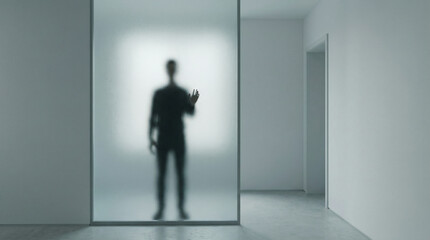 A shadowy human form stands behind a frosted glass panel, arm extended as if to touch or wave. The setting is a clean, minimal hallway with white walls and open doorway.