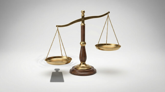 An elegant wooden and golden scale is tipped to one side, casting a pronounced shadow. One side is clearly heavier, suggesting an imbalance in the scale.
