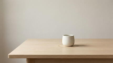 A simple, white ceramic cup, rounded in form, rests on a plain, light-colored wooden table. A peaceful and minimalist scene conveys a sense of calm.