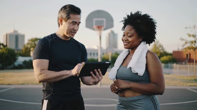 African girl and her asian personal trainer doing workout session outdoor using digital tablet - Sport, multiracial people and healthy lifestyle concept - Models by AI generative