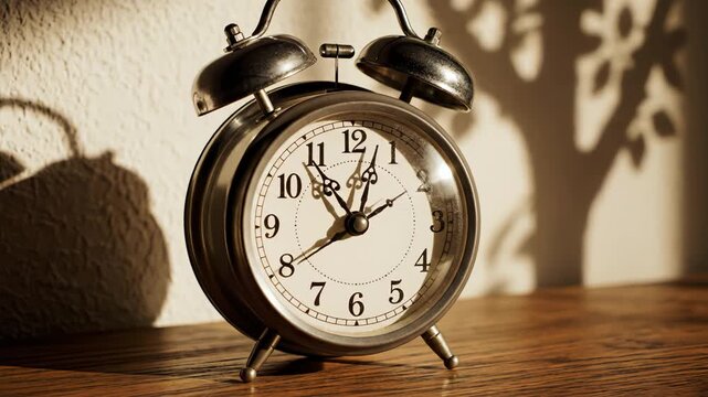 Vintage alarm clock on wooden surface