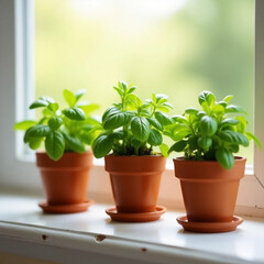 Obraz premium Fresh Green Potted Herbs Growing in Terracotta Pots on a Sunny Windowsill