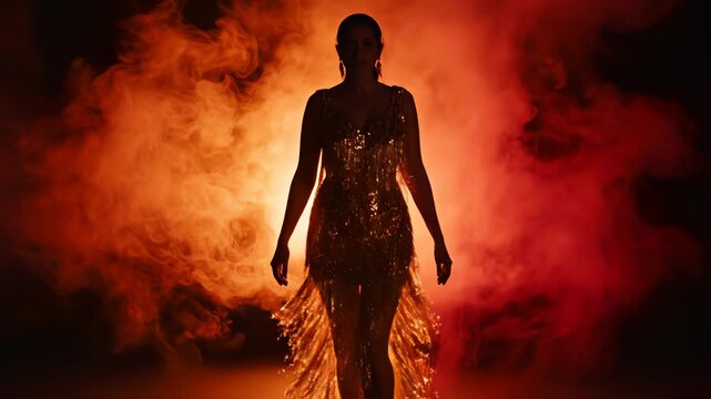 Woman in sequin dress with smoke
