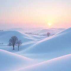 Serene Winter Sunrise over Rolling Snow-Covered Hills