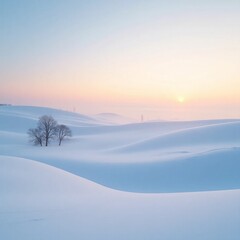 Serene Winter Sunrise over Rolling Snow-Covered Hills
