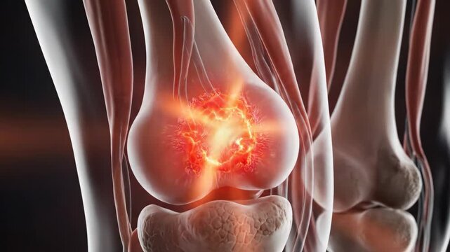 3D rendering of human knee joint with highlighted pain area. Illustration for medical and healthcare concepts related to orthopedics and joint pain. video