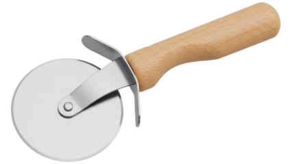 Pizza cutter with wooden handle isolated PNG on transparent background, kitchen utensil for slicing pizza and pastry dough
