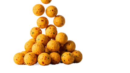 Delicious cheese balls piled high in a pyramid shape on white background